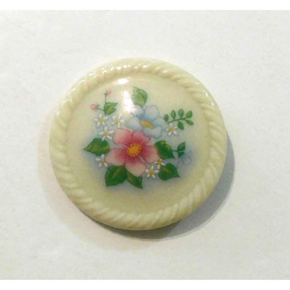 Avon Floral Brooch Vintage Porcelain Round Pin Pastel Flowers 1.5"